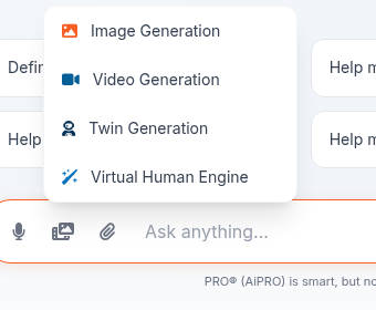 AiPRO media menu on a phone with image, video, Twin and Virtual Human Engine options