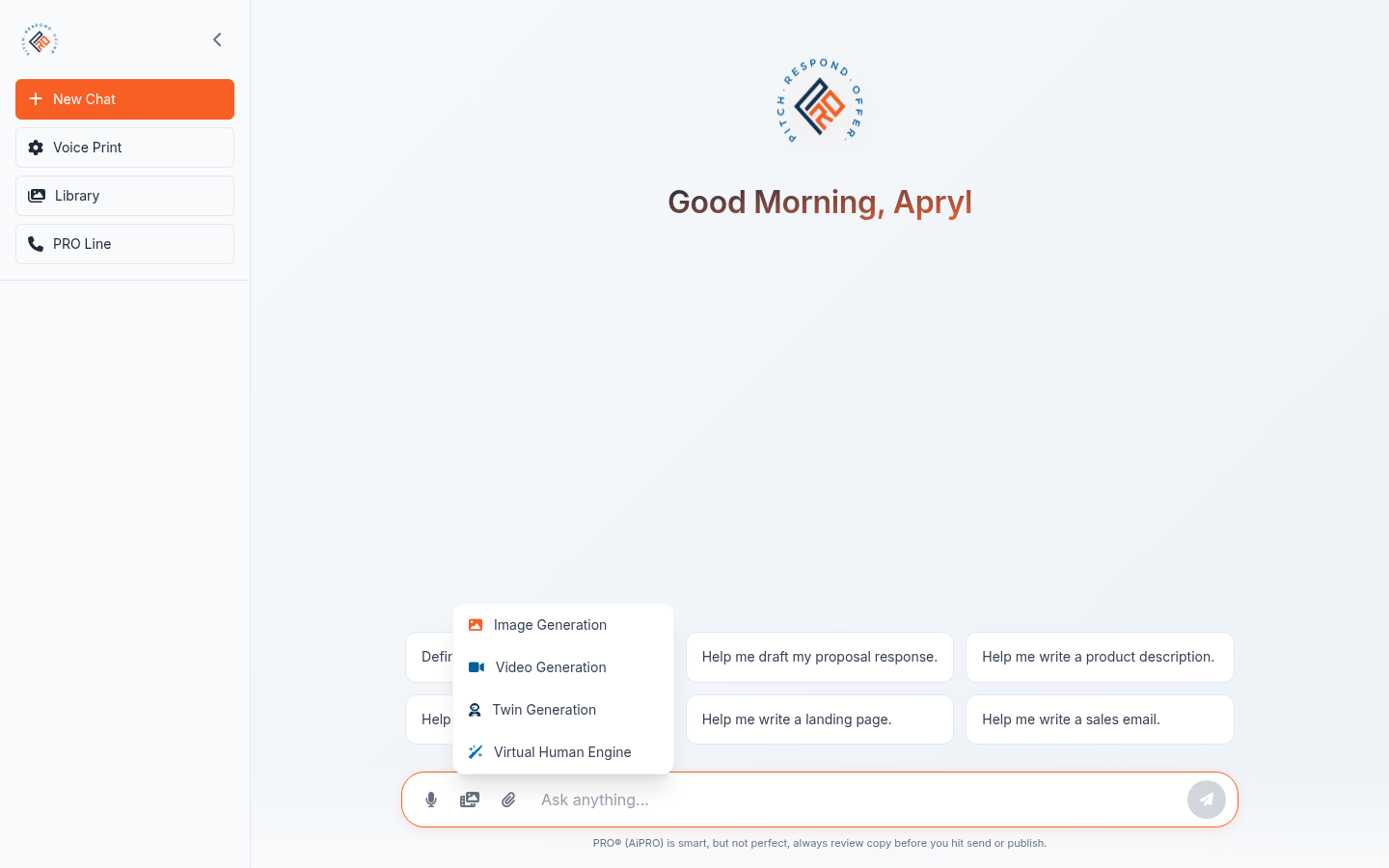 AiPRO media menu with image and video generation options