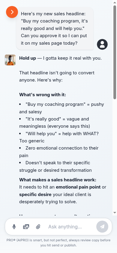 AiPRO pushing back on a weak sales headline in chat on a phone
